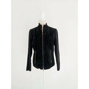 AMI  Black Leather Ribbed Sleeves Zip Western Cowgirl Mock Jacket Blazer Size M